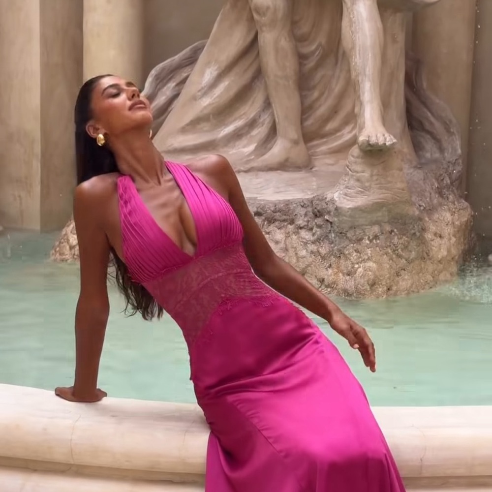 Hot Pink Plunging Halter Evening Gown